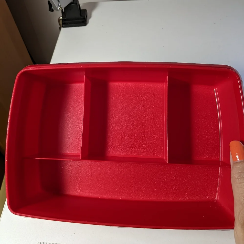 Vintage Red Tupperware Tuppercraft Divided Stow N Go Tackle Craft Sewing Box Lid